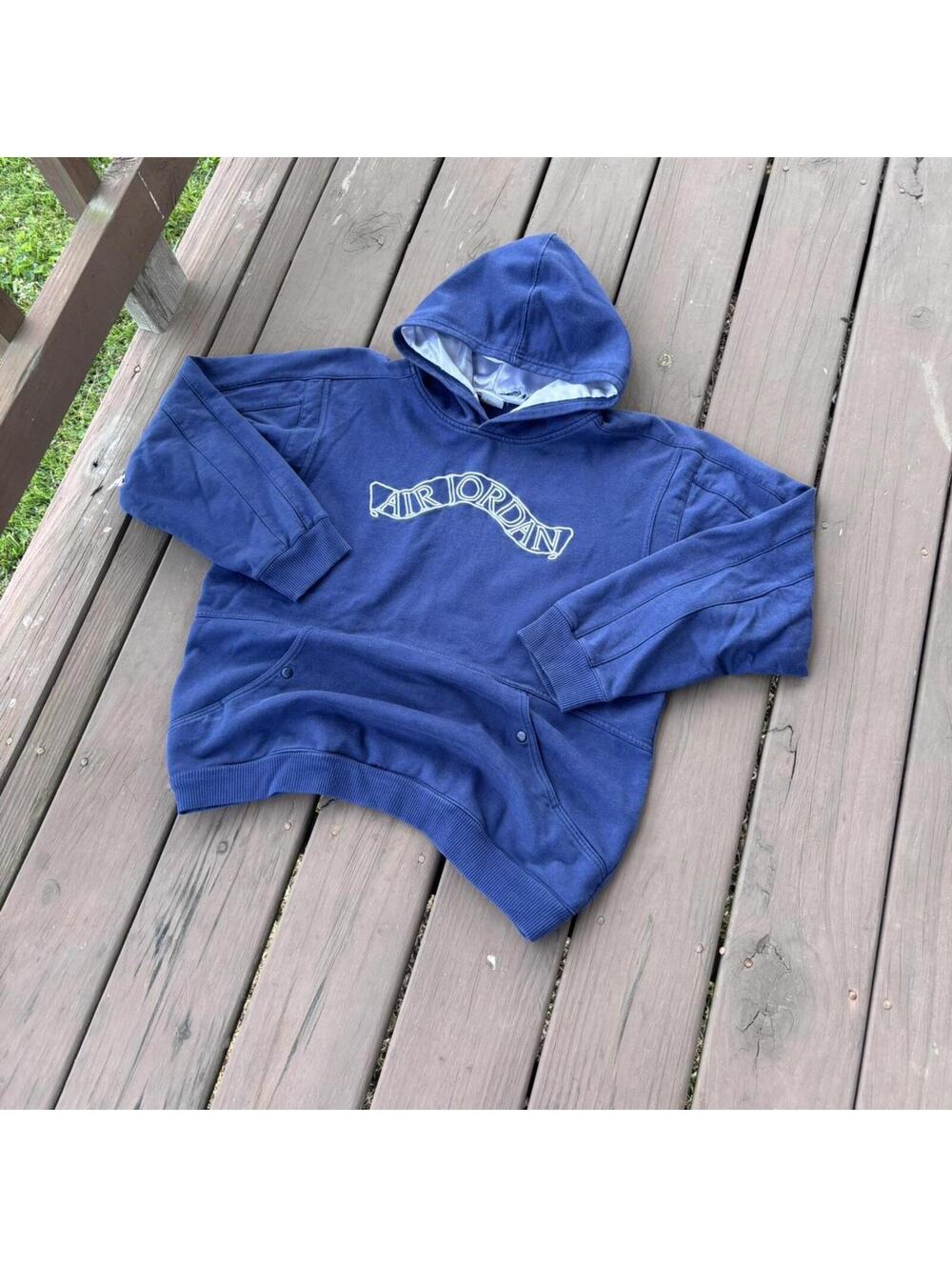 Nike Air Jordan Hoodie Blue Spellout Logo Pullover Sweatshirt Men’s Medium 22x25